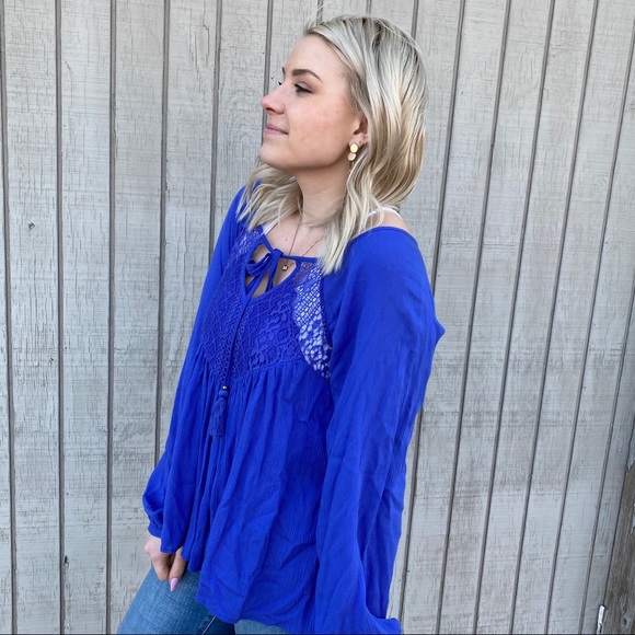 Double Zero Azure Gauze Blouse Blue Lace - Picture 5 of 8